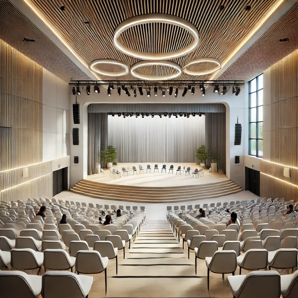 DALL·E 2024-10-14 09.07.53 - A modern school assembly hall for a high school (lyceum) with a sleek stage at the front. The stage has minimalist design elements, clean lines, and m.webp